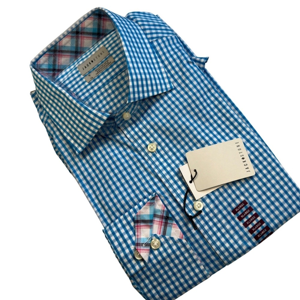 Jack Stone Thomas Dean Shirt Aqua White Gingham Cotton Plaid Trim Mens XL NWT